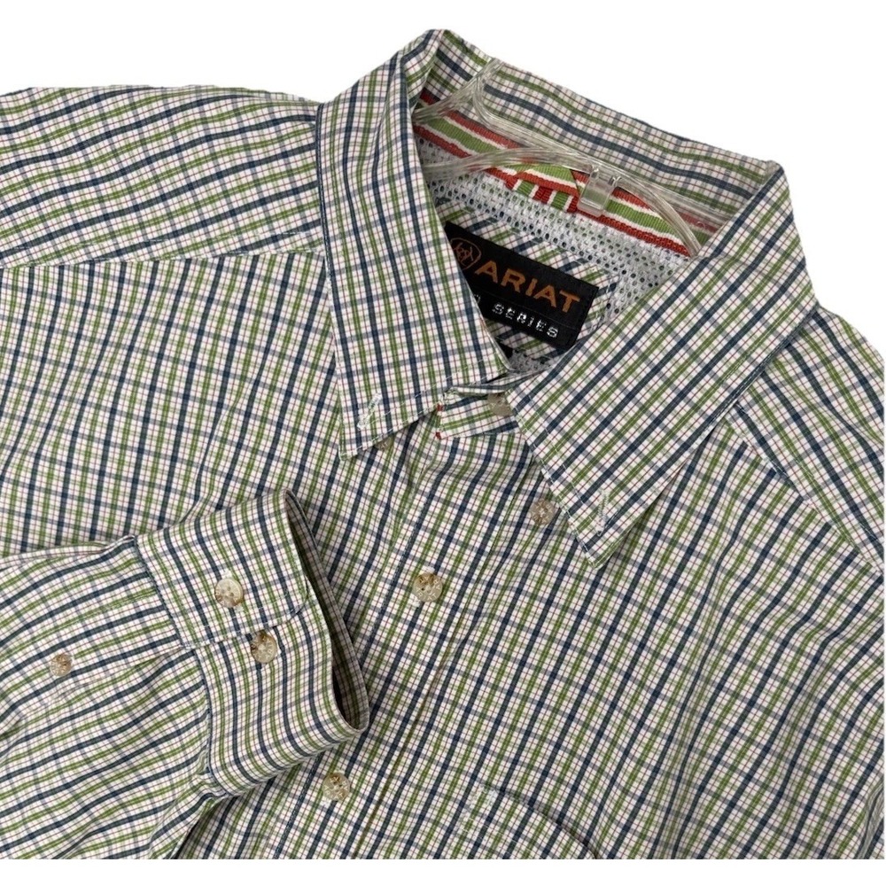Ariat Pro Series Mens XL Blue‎ Green White Plaid Long Sleeve Button Down Shirt